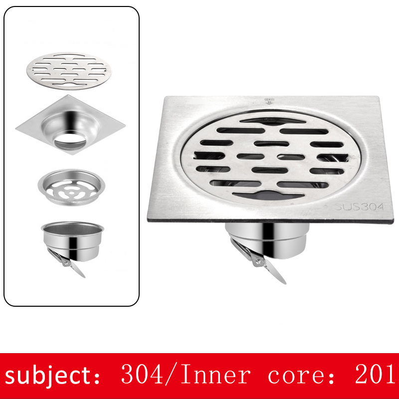 10 * 10cm 2mm Thick Self-Closing Deodorant Floor Drain DN50 Bathroom Square 304 & 201 Stainless Steel Floor Drain